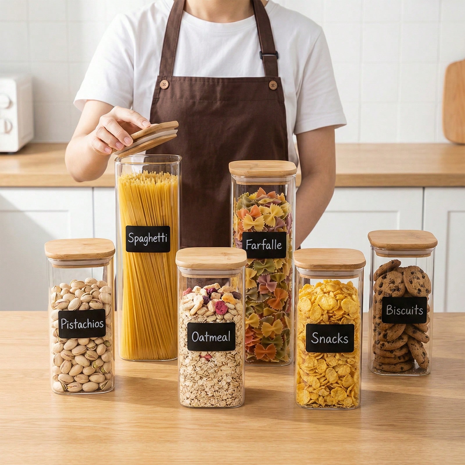 Food Storage Glass Containers - 6/12個入りガラス製食品保存容器（蓋付き）、小麦粉、砂糖、ベーキング用品、乾燥食品の保存に適した2種類の容量、キッチンパントリー整理用プラスチック容器、キッチンアクセサリー