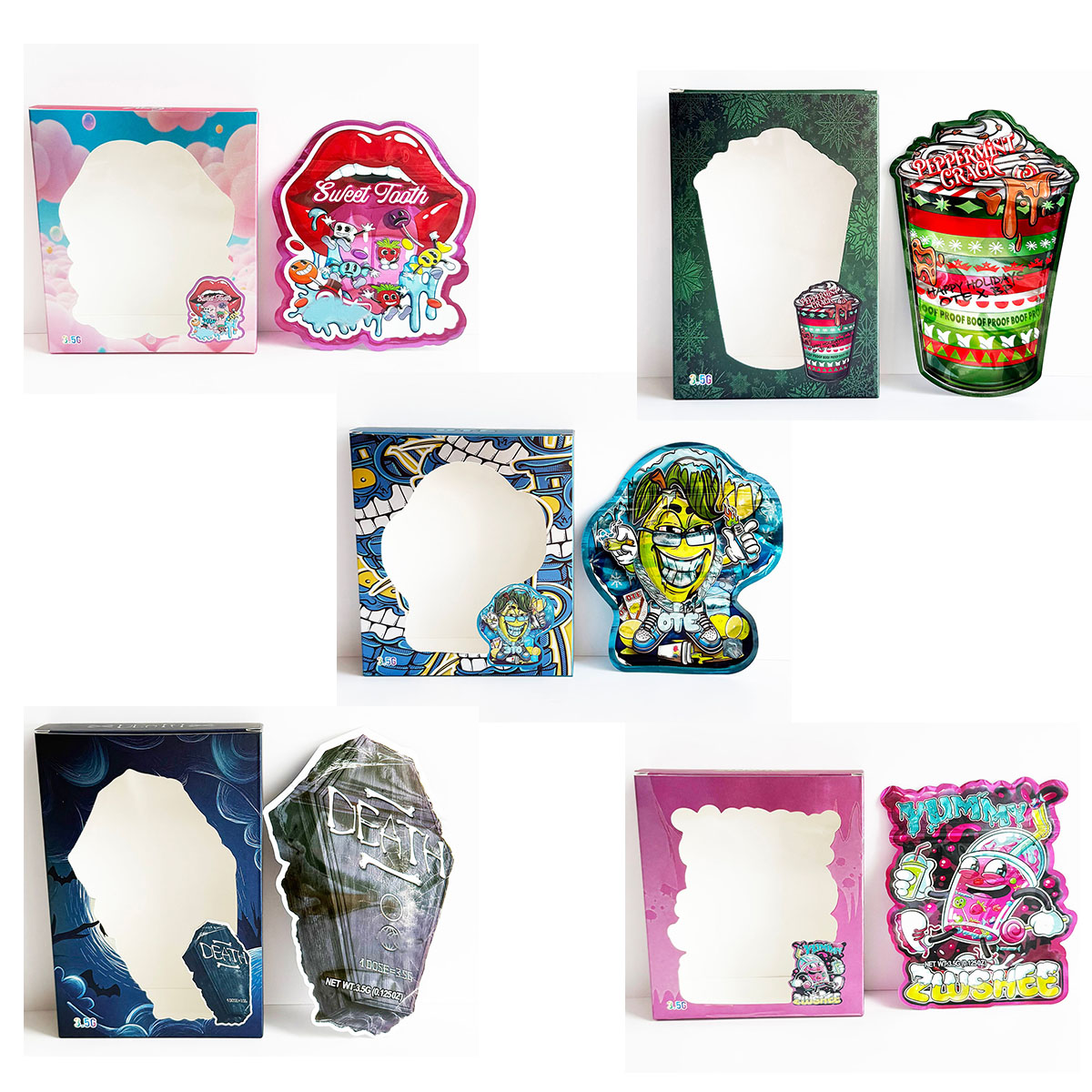 Food Storage Mylar Bags - 3.5g ダイカット特殊異形ディスプレイパックボックスセット 3.5プラスチックマイラーバッグ 窓付き収納パッケージ 紙製ポーチキットケースパッケージ