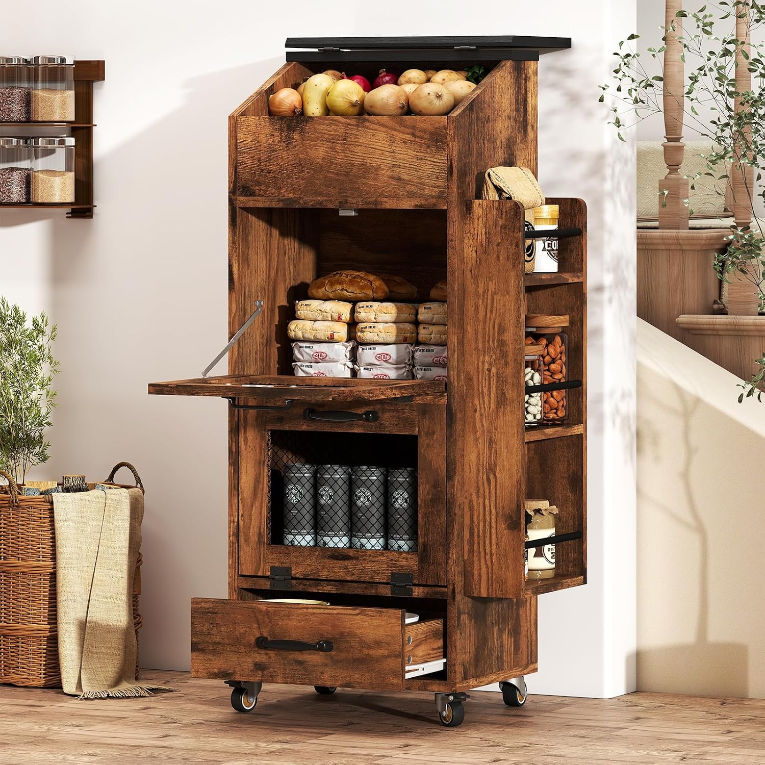 Food Storage On Wheels - ポテトと玉ねぎ用の車輪付き収納ボックス、木製ブレッドボックス、キッチンカウンターやパントリー用食品オーガナイザースタンド、移動式野菜収納キャビネット、ファームハウス風ラスティック、ナチュラルブラウン、1個