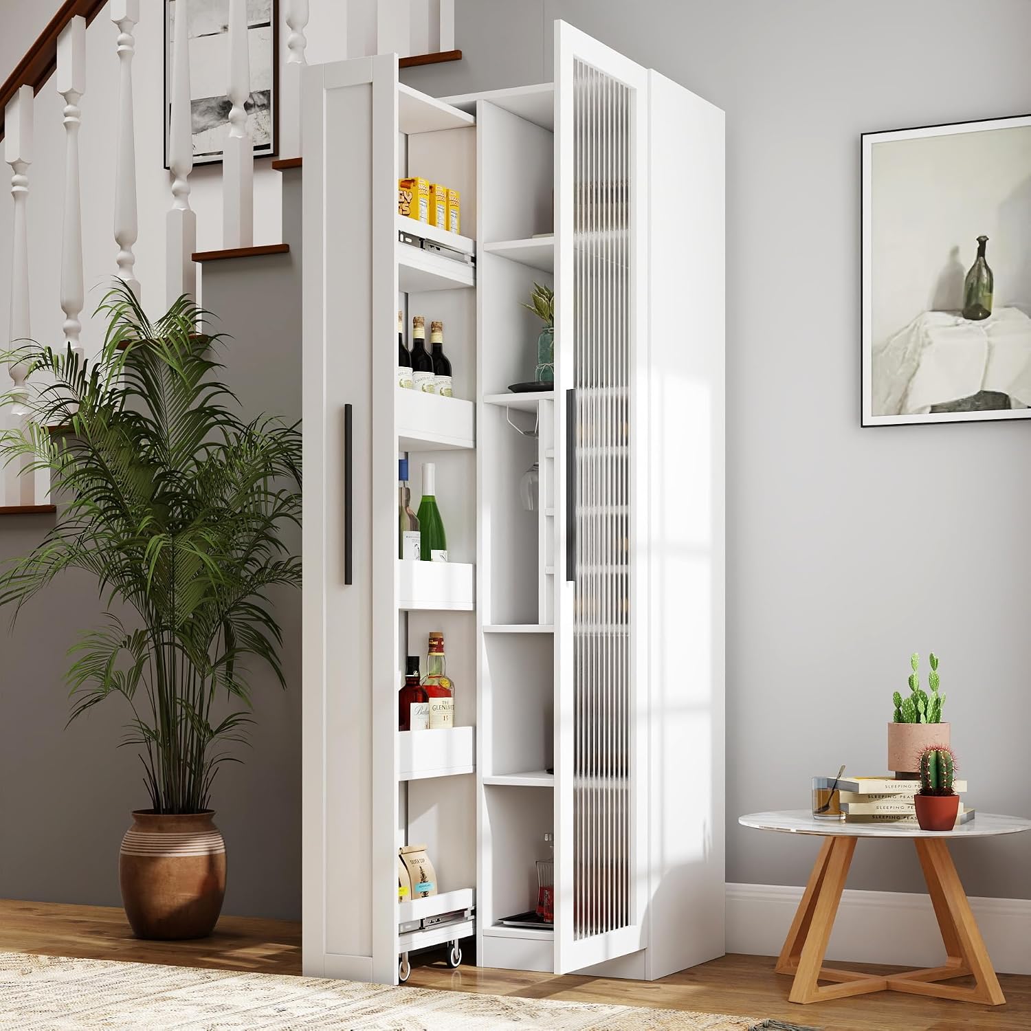 Food Storage Without Pantry - 71インチの白いキッチンパントリーキャビネット、ファームハウススタイルの収納、5段の引き出し式オーガナイザーとガラス扉付き、食品装飾用、カスタマイズ可能