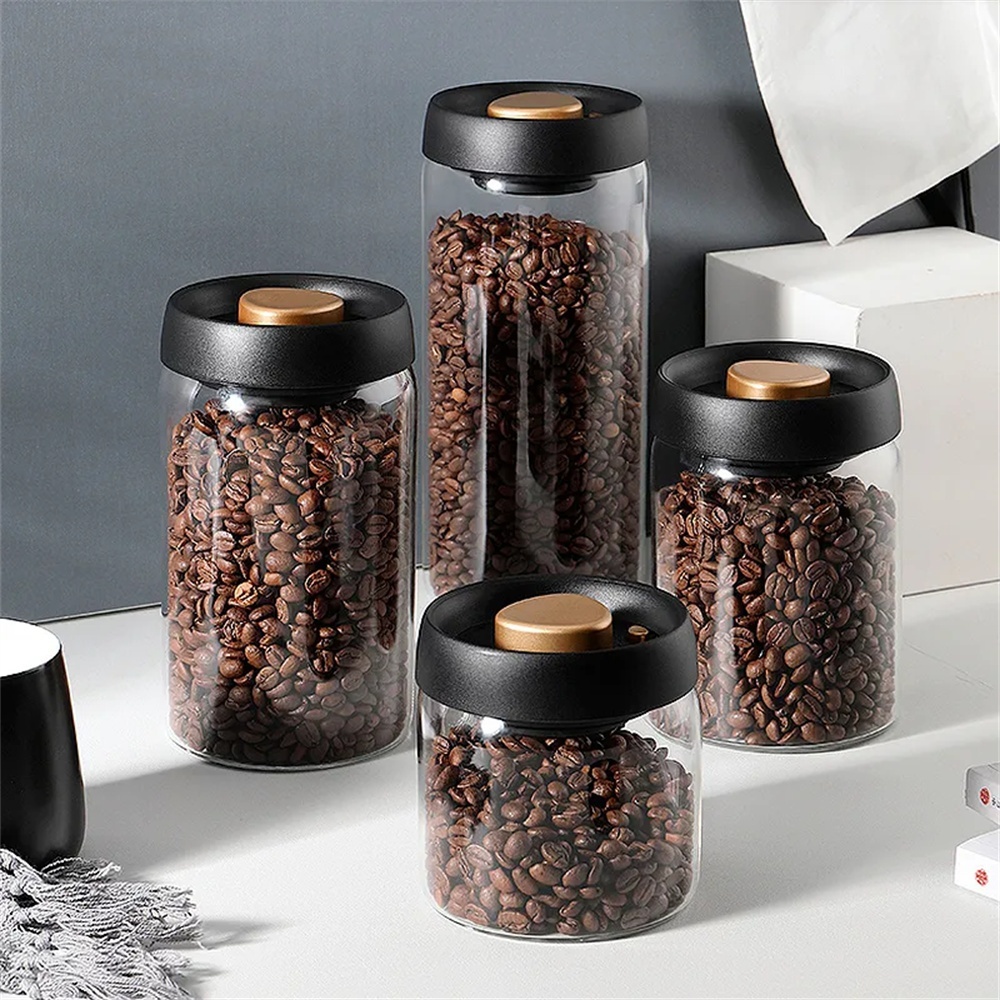 Food Storage Vacuum Containers - 1パックコーヒー豆保存容器気密蓋プレスダウン真空ガラスコーヒーキャニスターで密封、食品保存、コーヒー、紅茶