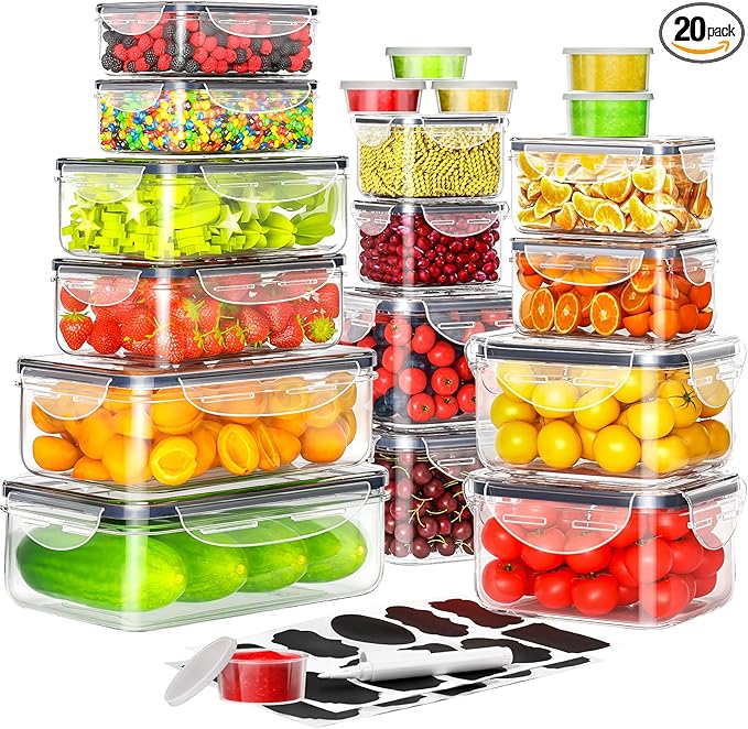 Stackable Pantry Bin - 40個入り密閉食品保存容器セット、20個の透明プラスチック製積み重ね可能なパントリーオーガナイザーボックス（蓋付き）、漏れ防止、BPAフリー、再利用可能なシリアルキャニスター、キッチン整理用アクセサリー、ラベルとペン付き