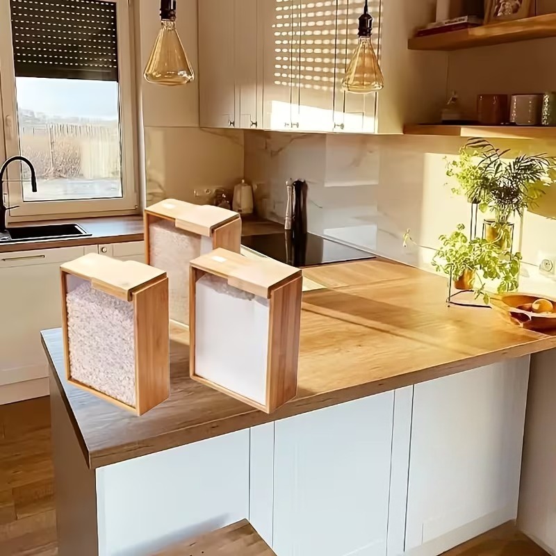 Stackable Pantry Bin - 3個セット 竹製保存容器 気密スライド蓋＆窓付き - 大容量 スタッカブル