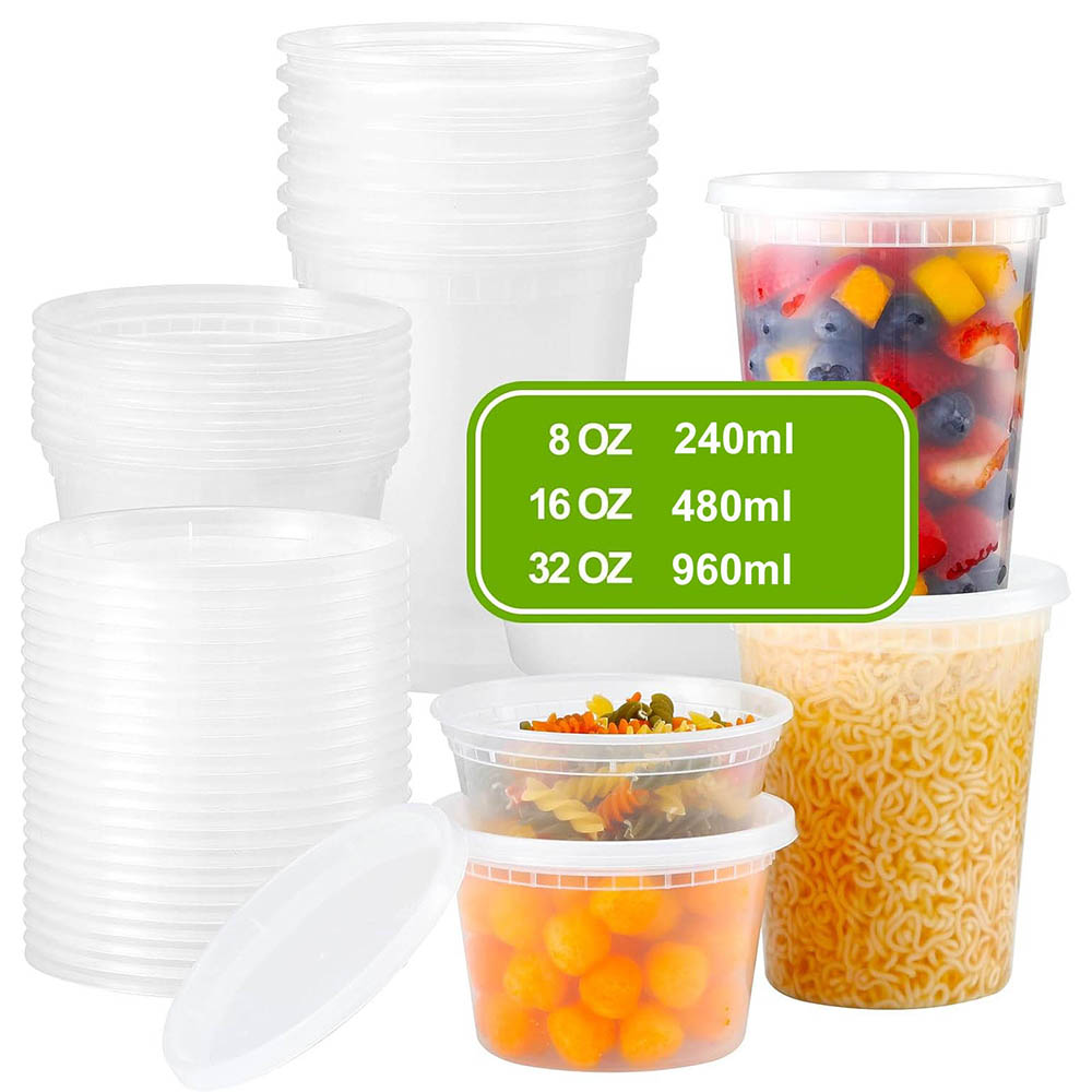 Food Storage Variety Pack - プラスチック製デリ食品容器 蓋付き、8オンス 16オンス 32オンス バラエティパック、気密食品保存容器、テイクアウト食品保存用
