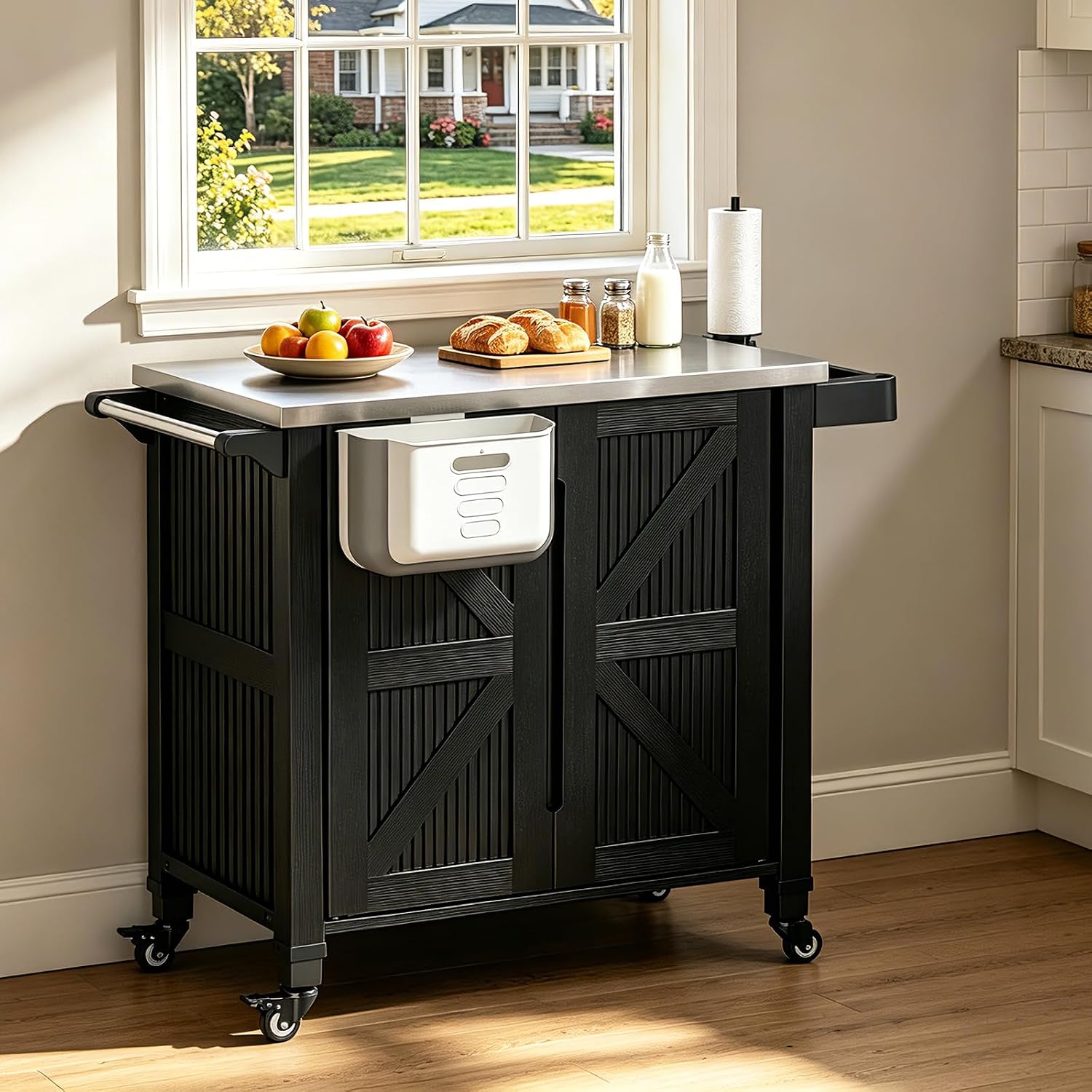 Food Storage On Wheels - 屋外グリルカート、収納キャビネット付き、移動式キッチンアイランド、ステンレス製テーブルトップ、BBQフードプレップテーブルカート、車輪付き、屋内パティオ、裏庭、プールサイド用、ブラック
