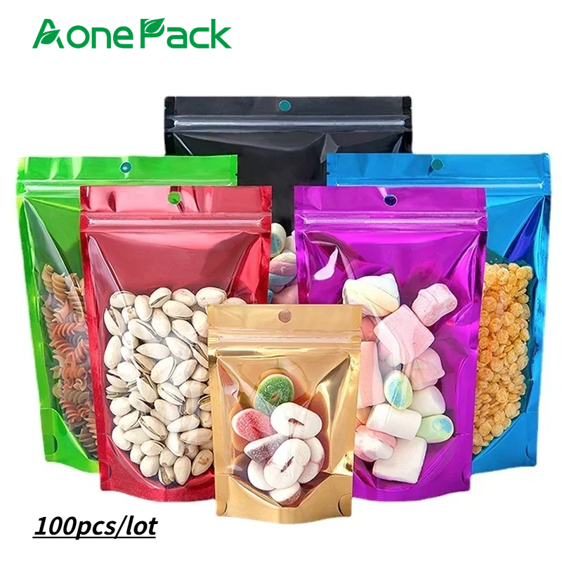 Food Storage Mylar Bags - 100枚入り 再封可能なプラスチックバッグ 赤黒青金 マイラーバッグ 窓付き 印刷済み
