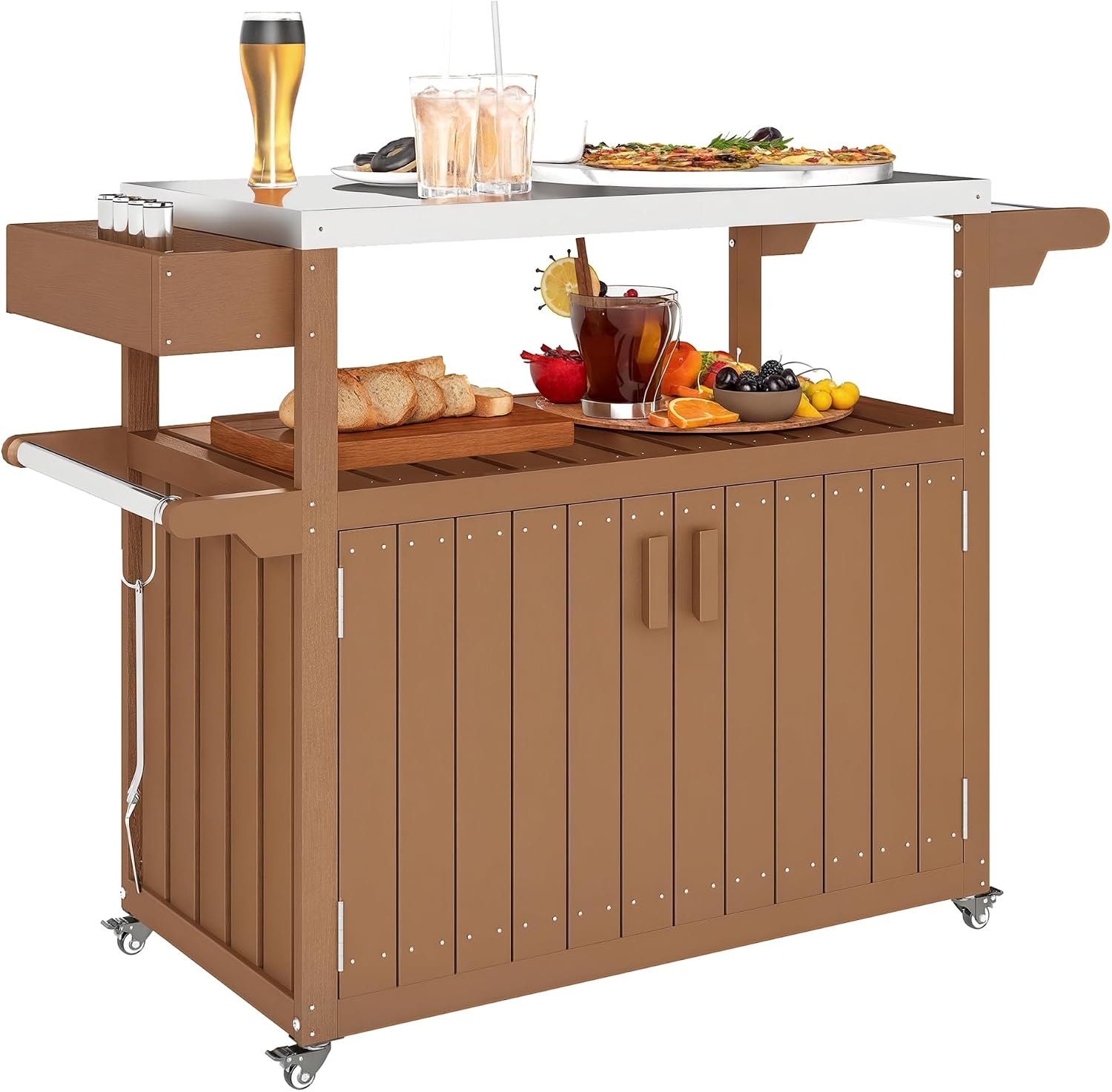 Food Storage On Wheels - 収納キャビネット付き屋外バーカート、ステンレス製トップキッチンアイランド（車輪付き）、頑丈なローリング式飲料・食品準備台（パティオBBQ、裏庭ピクニック用）、可動式ダイニングカート、ブラウン
