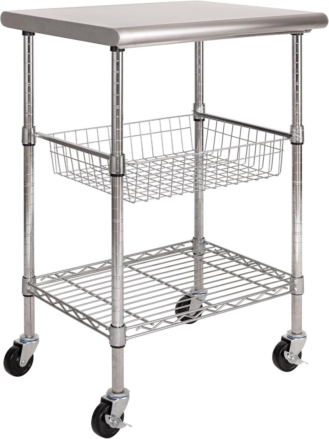 Food Storage On Wheels - ステンレス製業務用調理台カート、モバイルキッチンアイランドワークステーション、調節可能なワイヤーシェルフとスライド式バスケット付き、ロック可能な車輪付き、料理・ベーキング・食品準備用