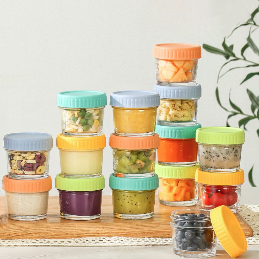 Food Storage Glass Containers - 6個入りガラス製ベビーフードジャー、再利用可能、蓋付き、ディップソースカップ、漏れ防止、目盛り付き、サラダドレッシング容器、蜂蜜用