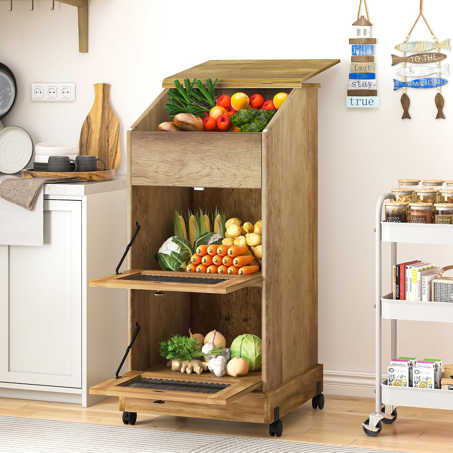 Food Storage On Wheels - 木製ポテト収納キャビネット（車輪付き）、3段式キッチン収納ボックス（野菜、パン、食品、玉ねぎ用）、素朴なファームハウス風パントリーオーガナイザービンカート、ブラウン、1個