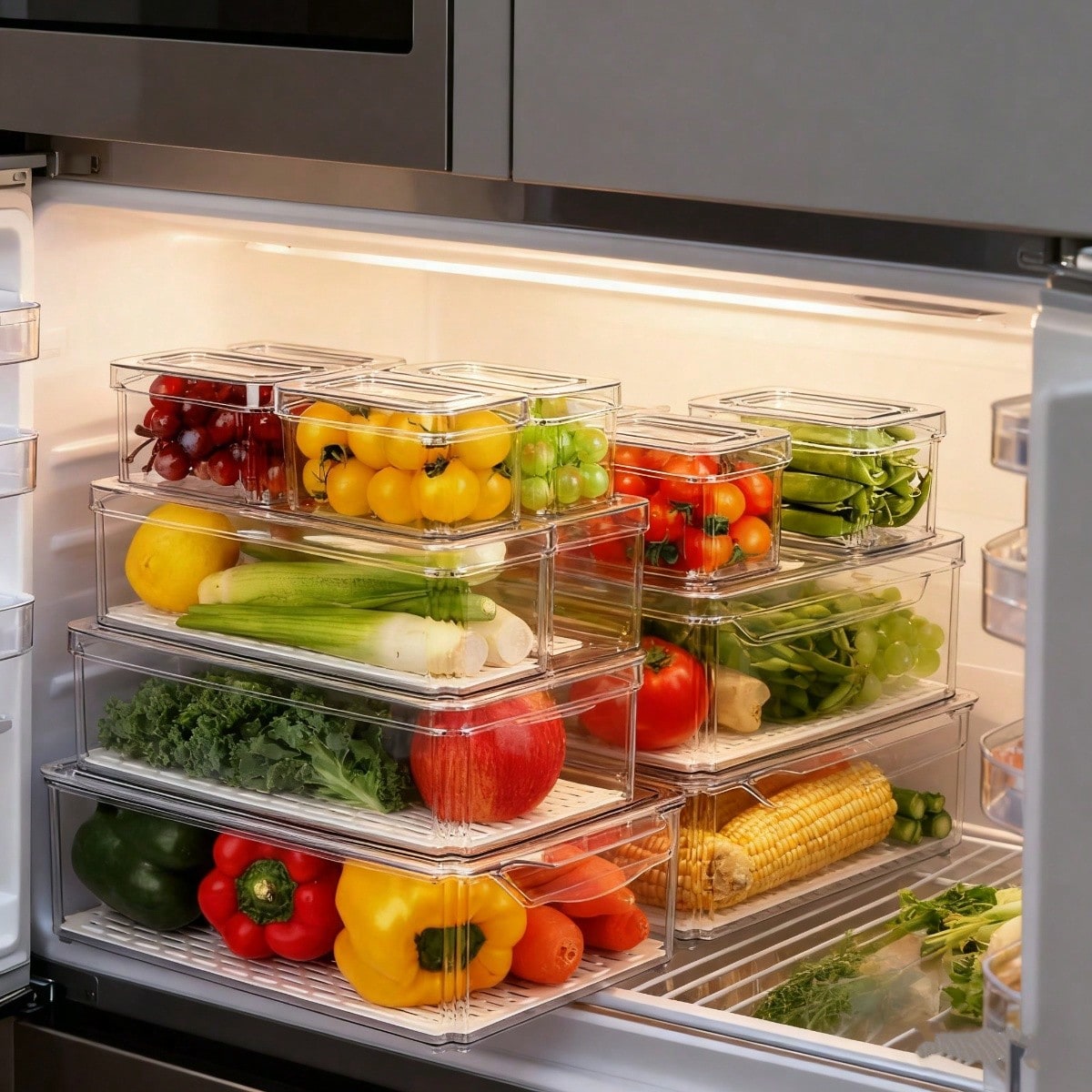 Stackable Pantry Bin - 7個セットの積み重ね可能な冷蔵庫用オーガナイザービン、モダンな透明プラスチック製冷蔵庫収納容器セット、蓋付き、取り外し可能な水切りトレイ付き、果物、野菜、キッチン、冷凍庫、パントリー、カウンタートップ用、新築祝いのギフトに最適