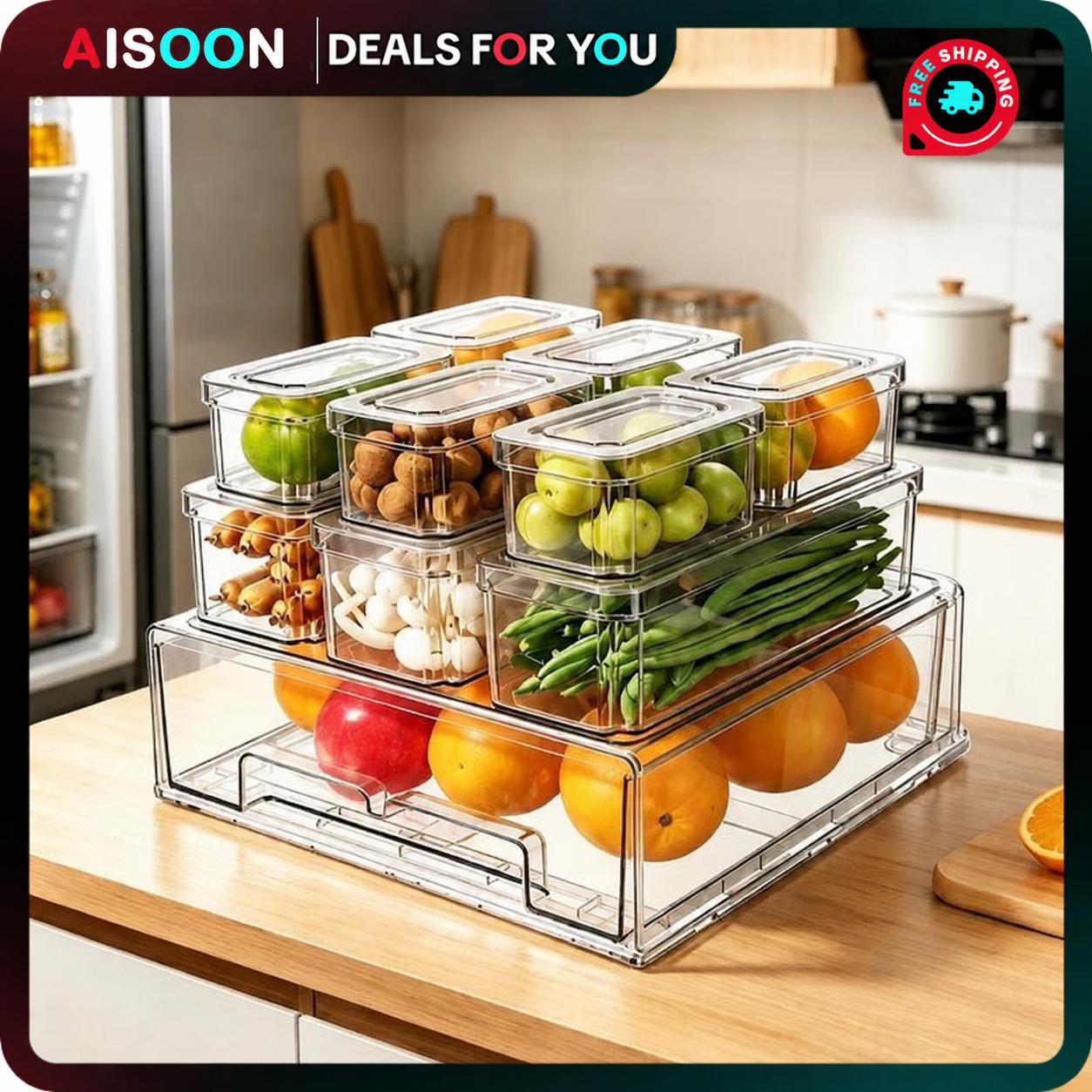 Stackable Pantry Bin - 10/14個入り 冷蔵庫オーガナイザービン 蓋付き 引き出し式 スタッカブル 透明プラスチック収納容器