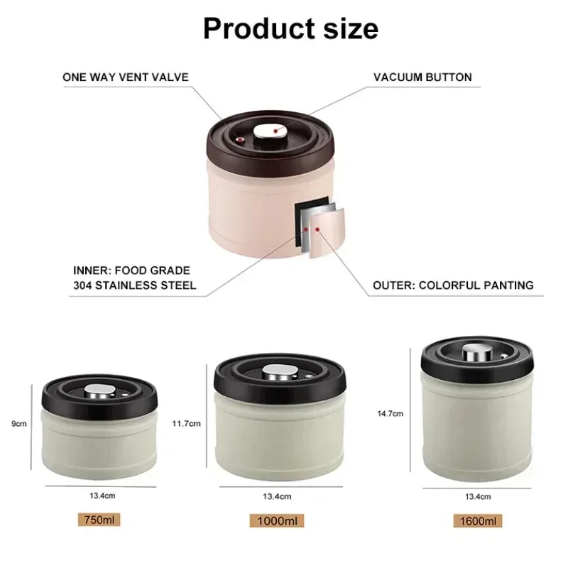 Food Storage Vacuum Containers - 304ステンレス鋼製気密コーヒー容器保存キャニスター、コーヒー豆ジャー、真空密閉缶、食品キッチン収納オーガナイザー