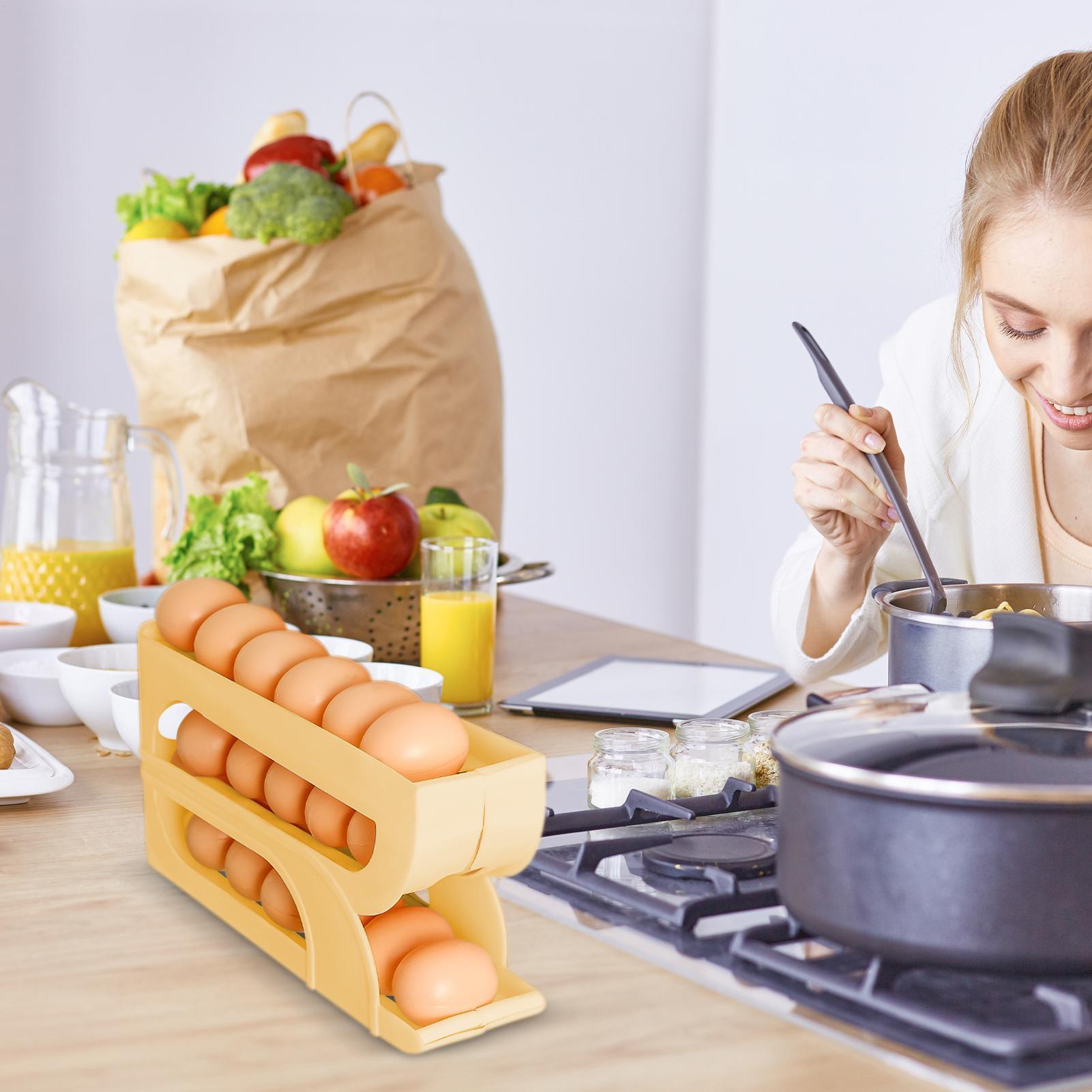 Food Storage Yellow - 省スペース卵ホルダー、3段自動回転式卵オーガナイザー、キッチンパントリーやランチの準備、食品保管に最適