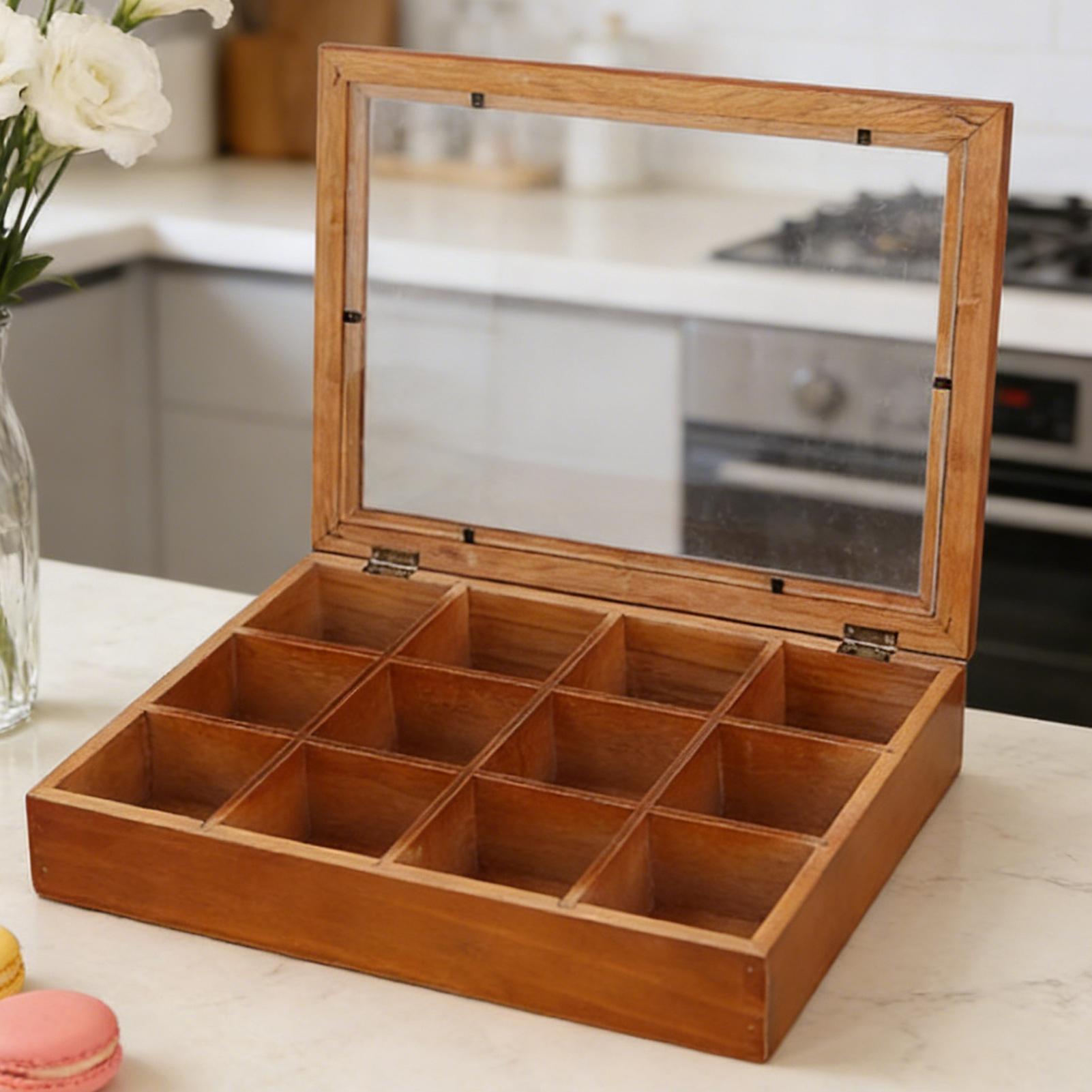 Stackable Pantry Bin - ティーバッグ収納 12仕切り 木製ボックス 茶葉収納オーガナイザー 透明蓋付き 家庭用キッチン