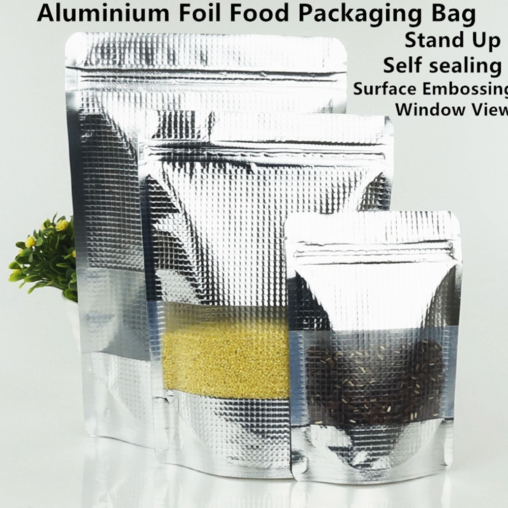 Food Storage Bags Zip Lock Pouch - シルバーアルミニウムコーティングされたテクスチャードマットウィンドウスタンドアップ再密封可能バッグ100個 - エンボス加工スタンドアップアルミホイルジップロックポーチ
