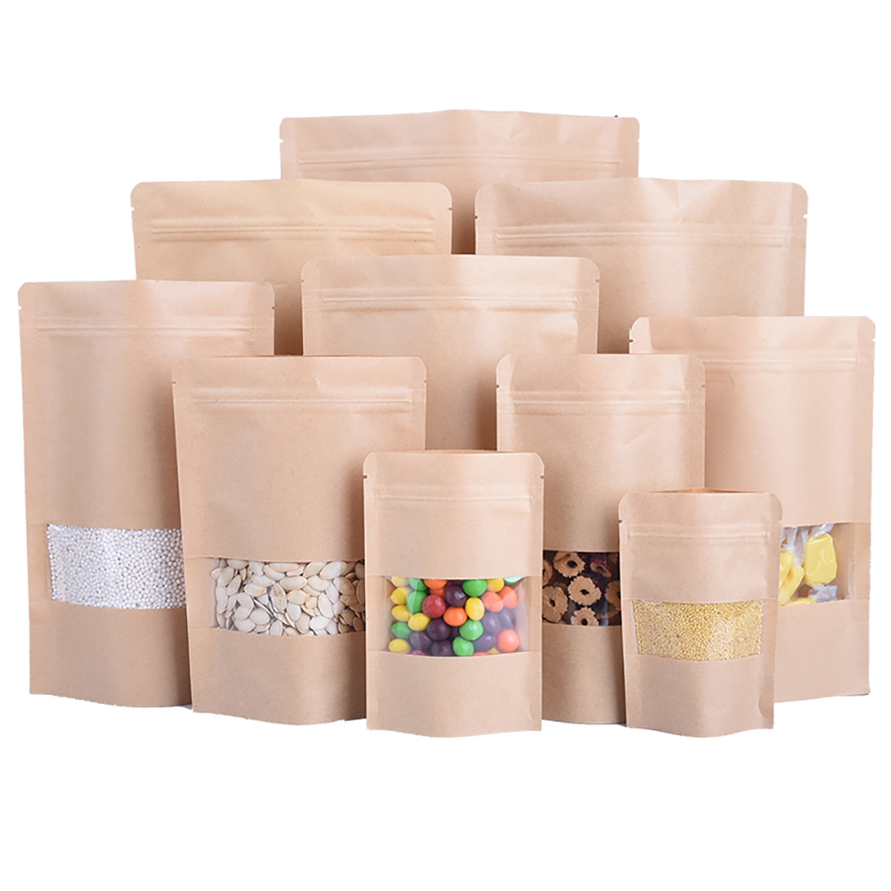 Food Storage Bags Zip Lock Pouch - 100枚入り ジップロック クラフト紙 窓付き袋 スタンドアップ ギフト