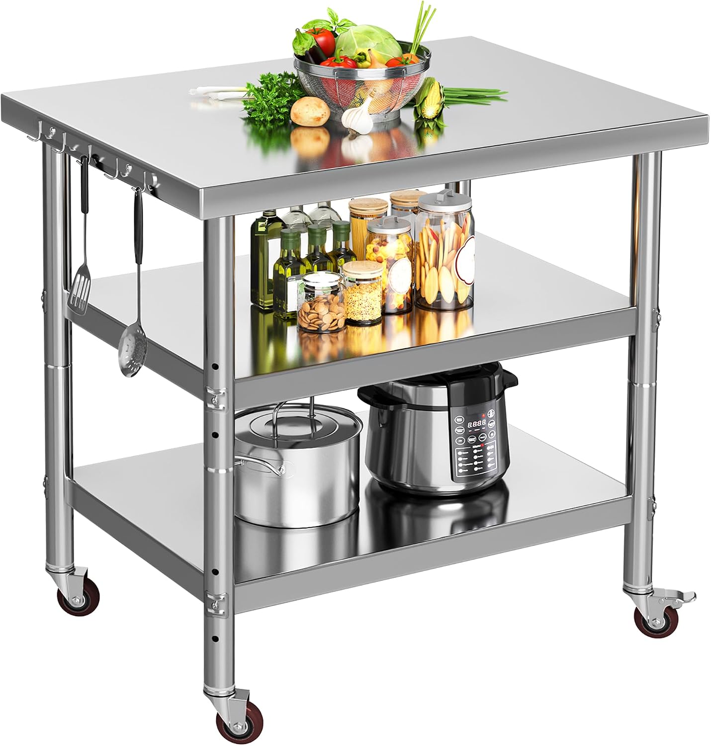 Food Storage On Wheels - ステンレス製食品準備台、3段式頑丈な金属製ワークステーションカート（ロック可能な車輪付き）、業務用キッチン、レストラン、ガレージ、屋外用のユーティリティ収納ラックオーガナイザーアイランド