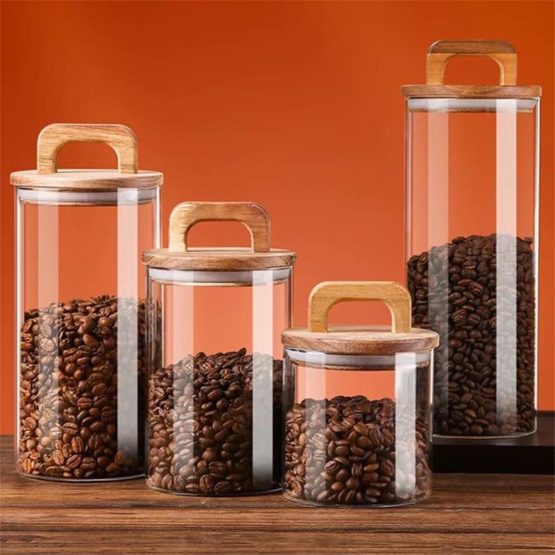 Food Storage Glass Containers - 透明なガラス瓶 竹蓋付き 密封キャニスター 食品保存容器 ルースティー コーヒー豆