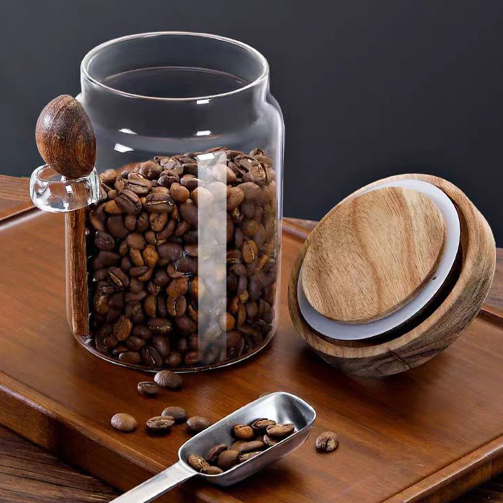 Food Storage Glass Containers - 透明ガラス製食品保存容器、気密性のある木製蓋付き、コーヒー容器、茶葉保存瓶、穀物保存瓶、キッチンパントリー用