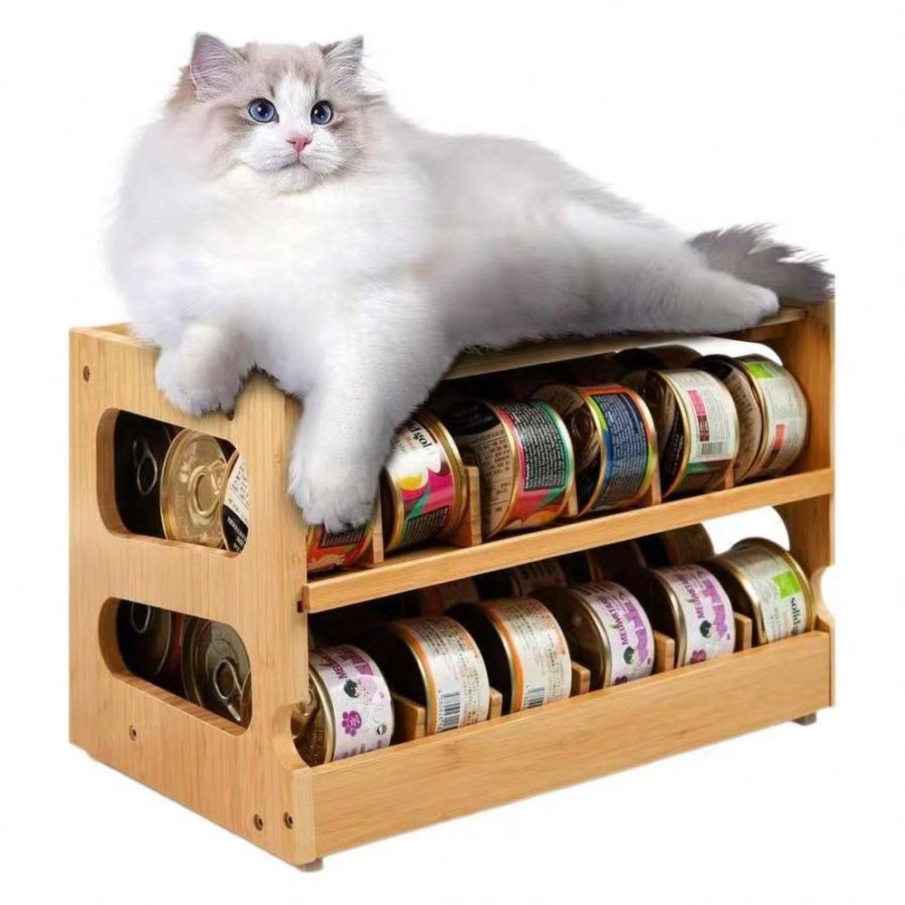 Food Storage No Pantry - 木製ペットフード収納オーガナイザー、36缶収納可能な二段積み重ねラック、犬猫フード用省スペースキッチンパントリーシェルフ