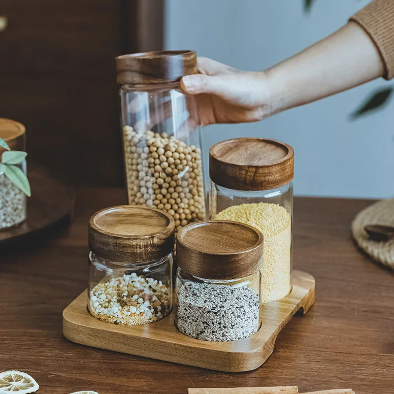 Food Storage Glass Containers - 木製蓋付きガラスジャー,気密キャニスター,密閉フード容器,ベースセット付きディスペンサー,キッチンオーガナイザー