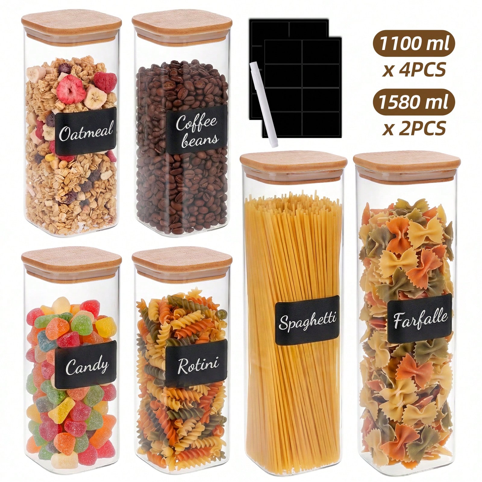 6/12個入りガラス製食品保存容器（蓋付き）、小麦粉、砂糖、 - Food Storage Glass Containers のレビューと価格