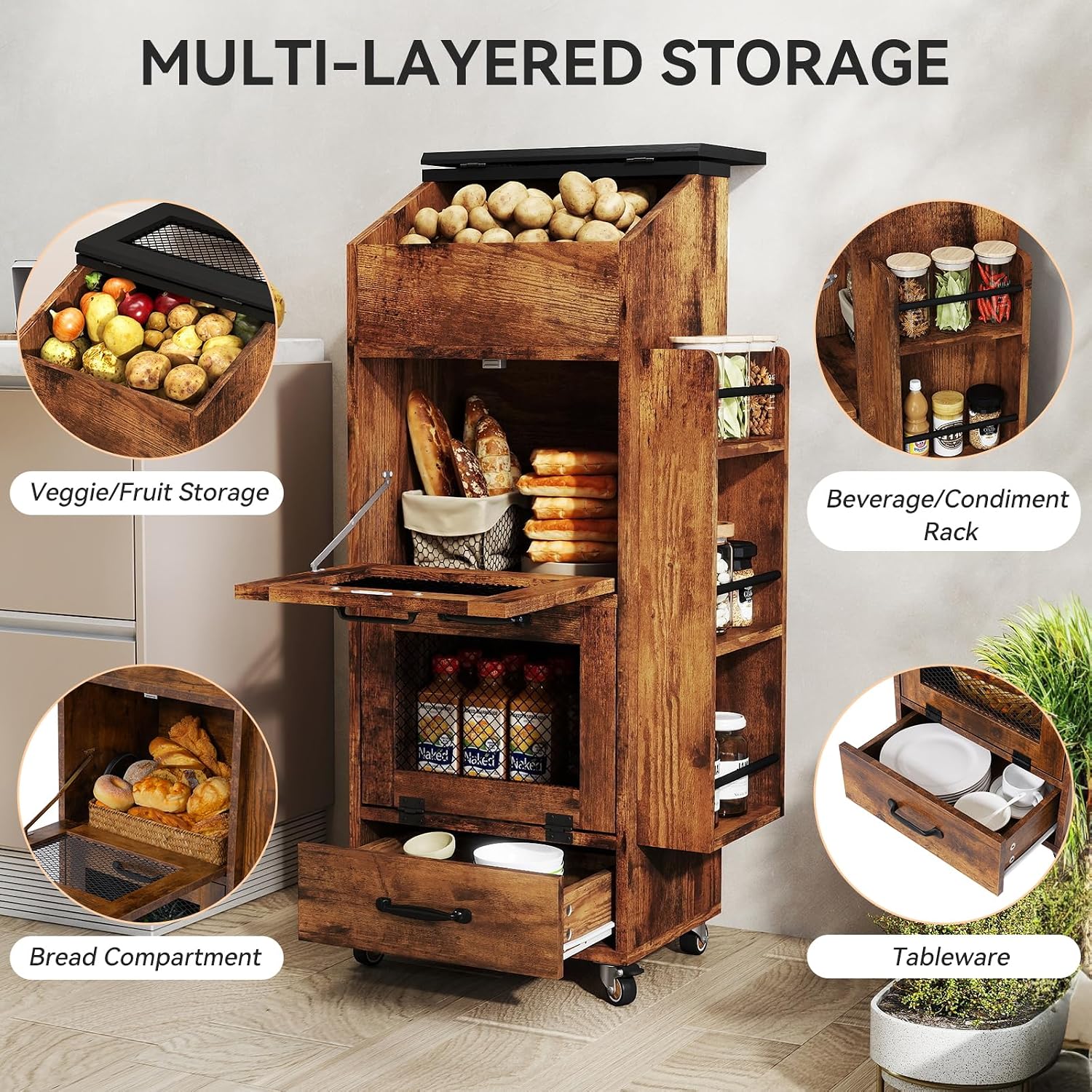 ポテトと玉ねぎ用の車輪付き収納ボックス、木製ブレッドボックス - Food Storage On Wheels のレビューと価格