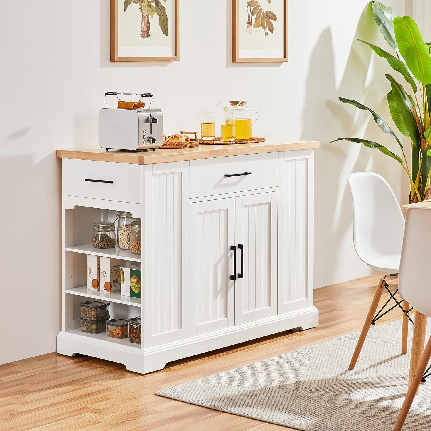 ホワイトのローリングキッチンアイランドカート、ラバーウッドト - Food Storage On Wheels のレビューと価格