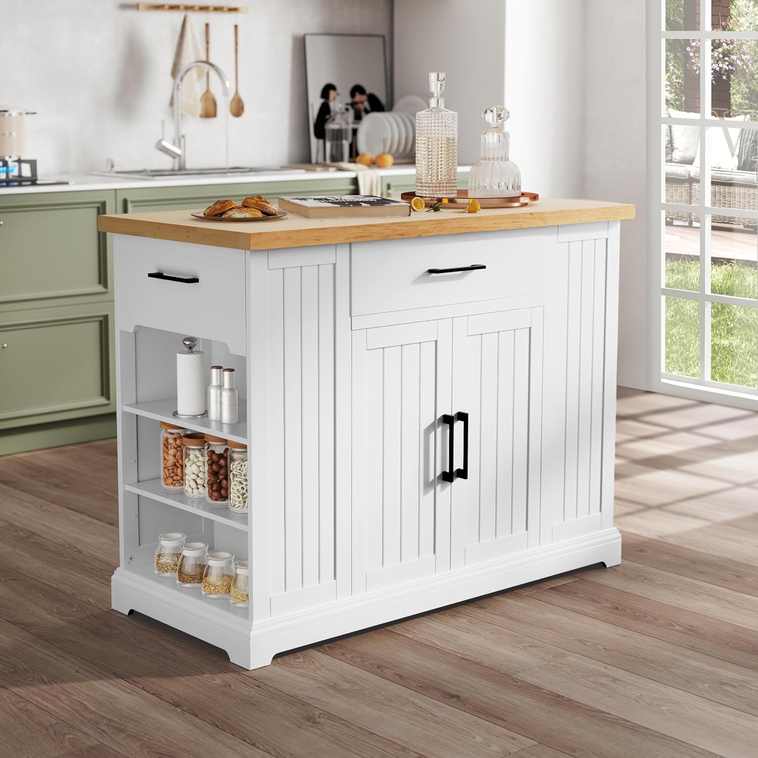 ホワイトのローリングキッチンアイランドカート、ラバーウッドト - Food Storage On Wheels のレビューと価格
