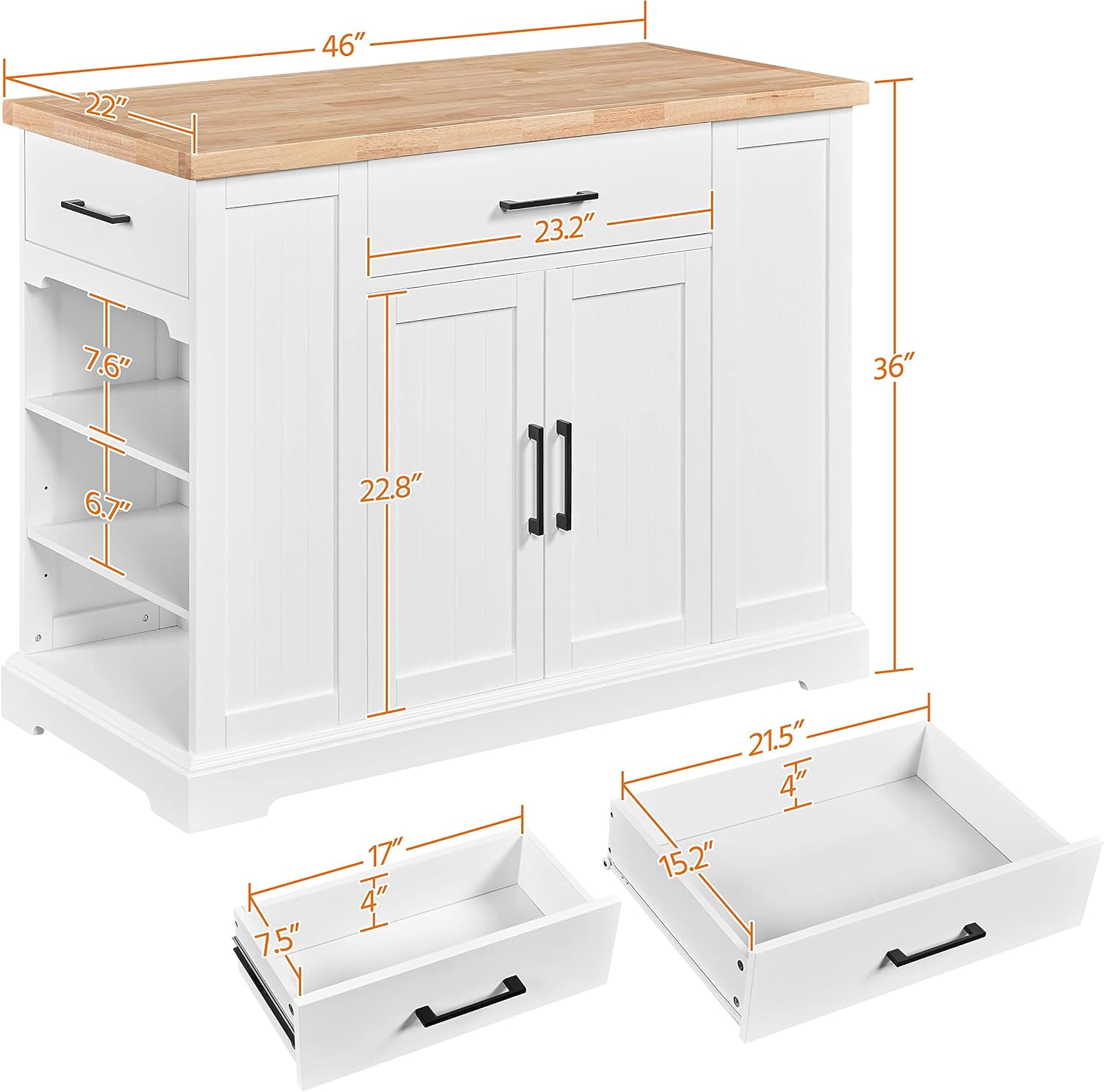 ホワイトのローリングキッチンアイランドカート、ラバーウッドト - Food Storage On Wheels のレビューと価格