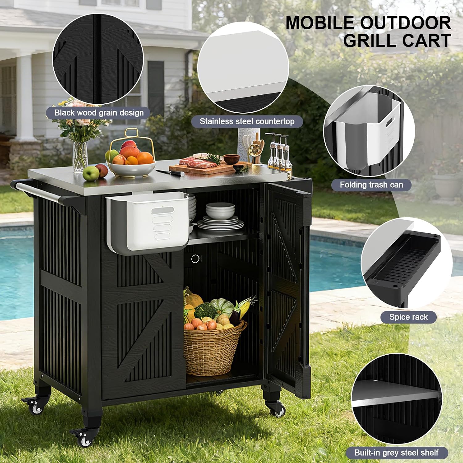屋外グリルカート、収納キャビネット付き、移動式キッチンアイラ - Food Storage On Wheels のレビューと価格