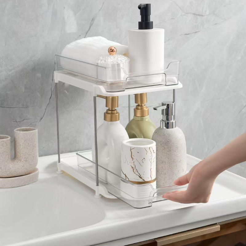 2段式多目的収納オーガナイザー、バスルームシンク下用、透明化 - Food Storage Without Pantry のレビューと価格