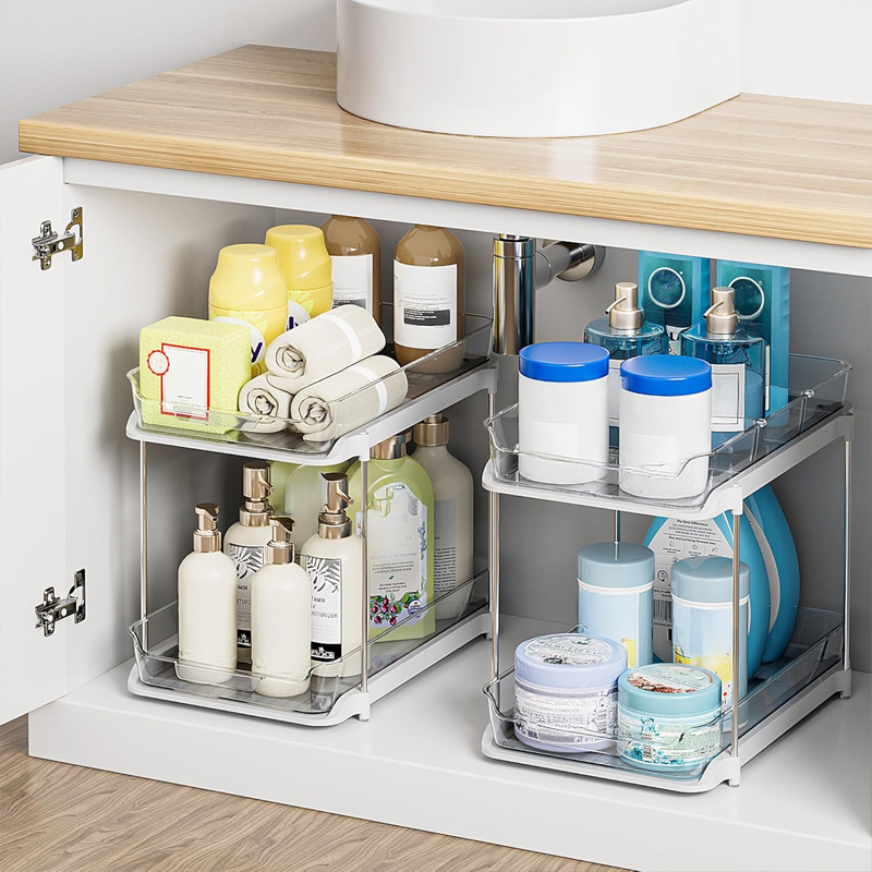 2段式多目的収納オーガナイザー、バスルームシンク下用、透明化 - Food Storage Without Pantry のレビューと価格