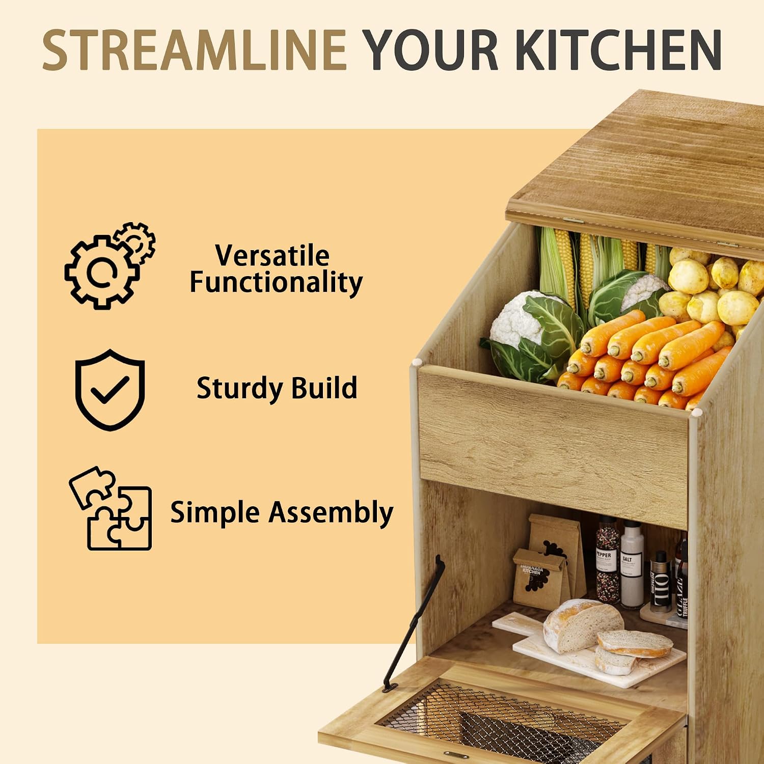 木製ポテト収納キャビネット（車輪付き）、3段式キッチン収納ボ - Food Storage On Wheels のレビューと価格