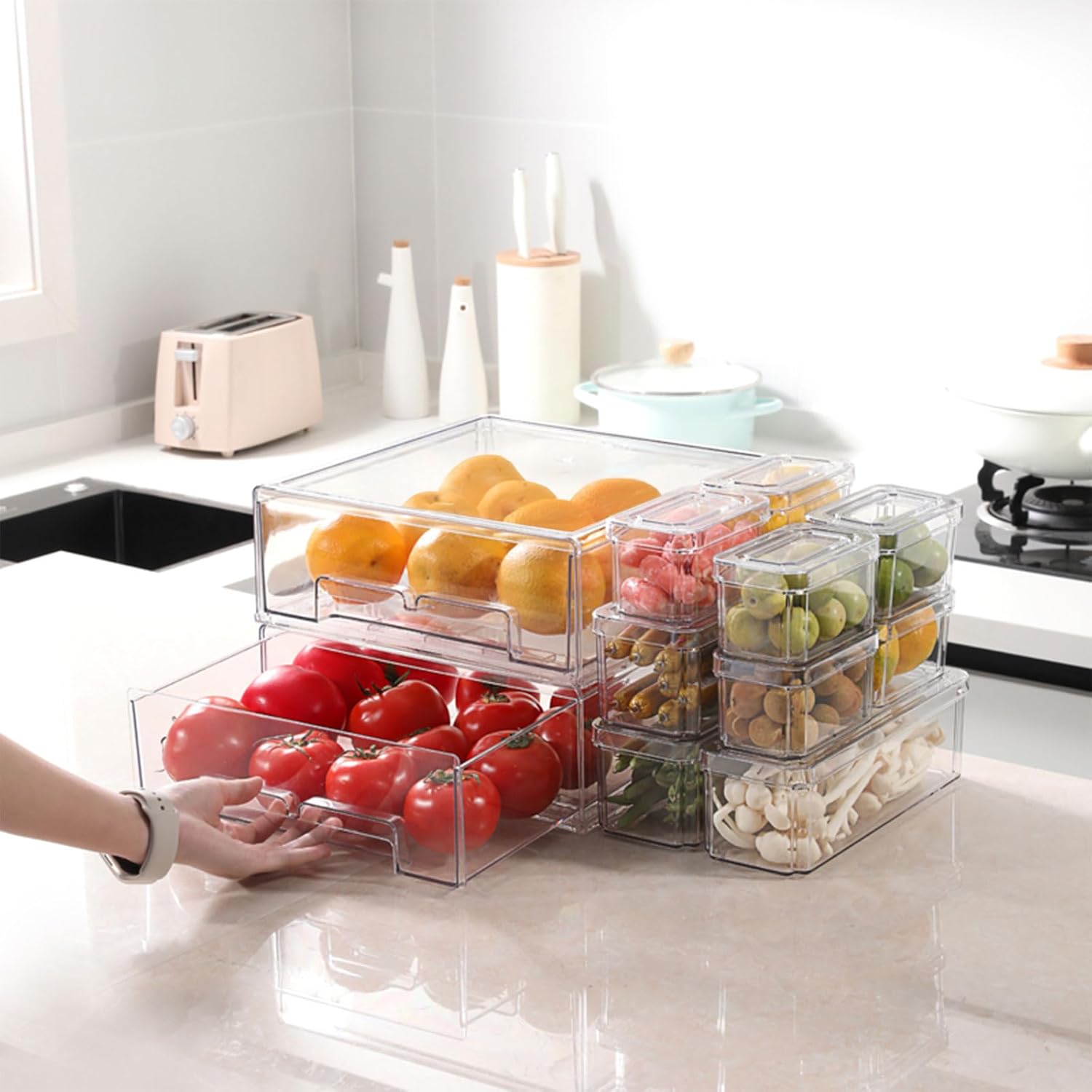 10/14個入り 冷蔵庫オーガナイザービン 蓋付き 引き出し - Stackable Pantry Bin のレビューと価格
