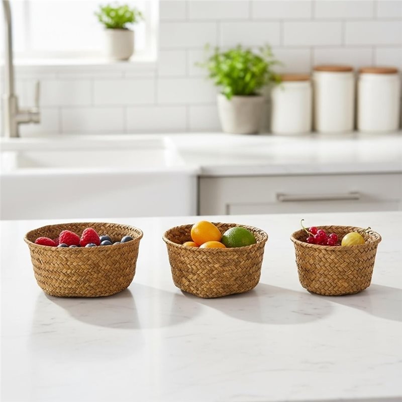 SHGO-ラウンド型シーグラス製収納バスケット-3個セット  - Stackable Pantry Bin のレビューと価格
