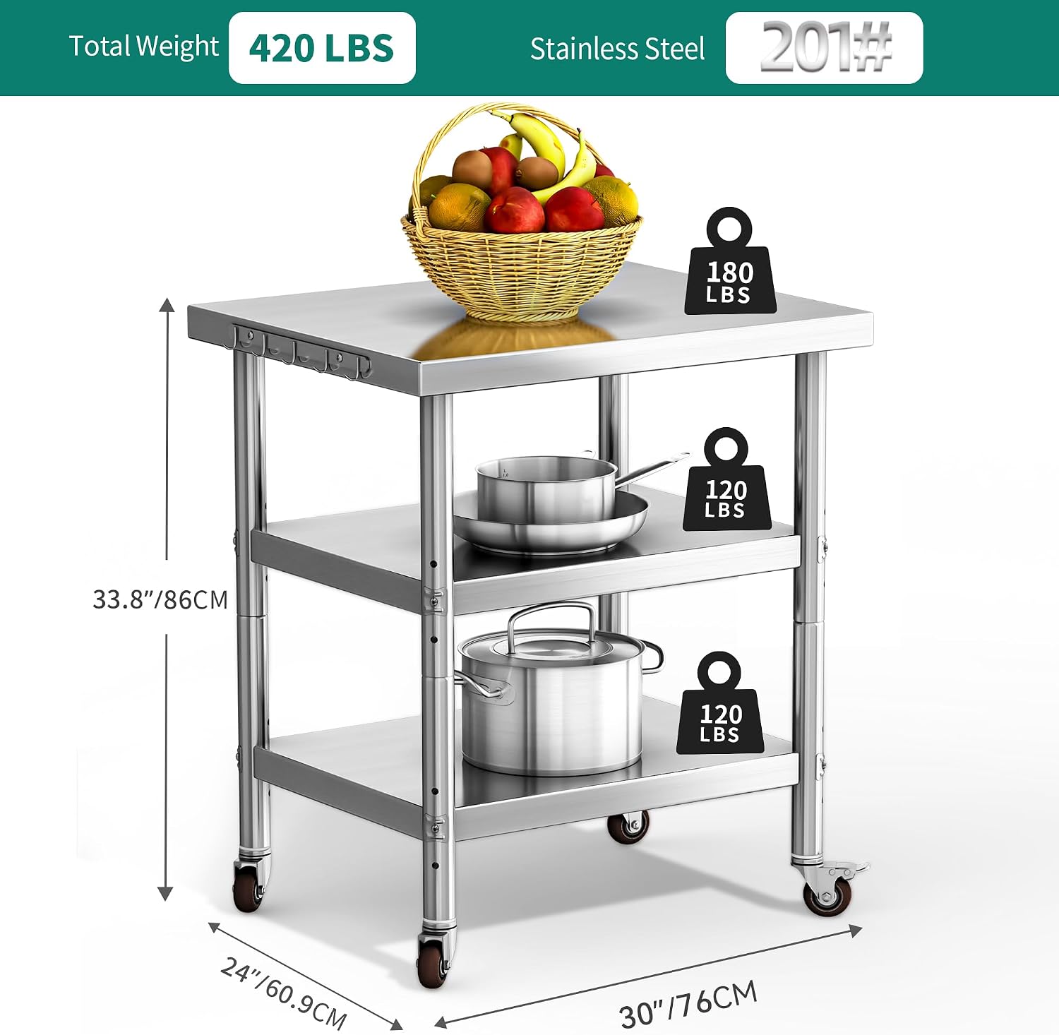 ステンレス製食品準備台、3段式頑丈な金属製ワークステーション - Food Storage On Wheels のレビューと価格
