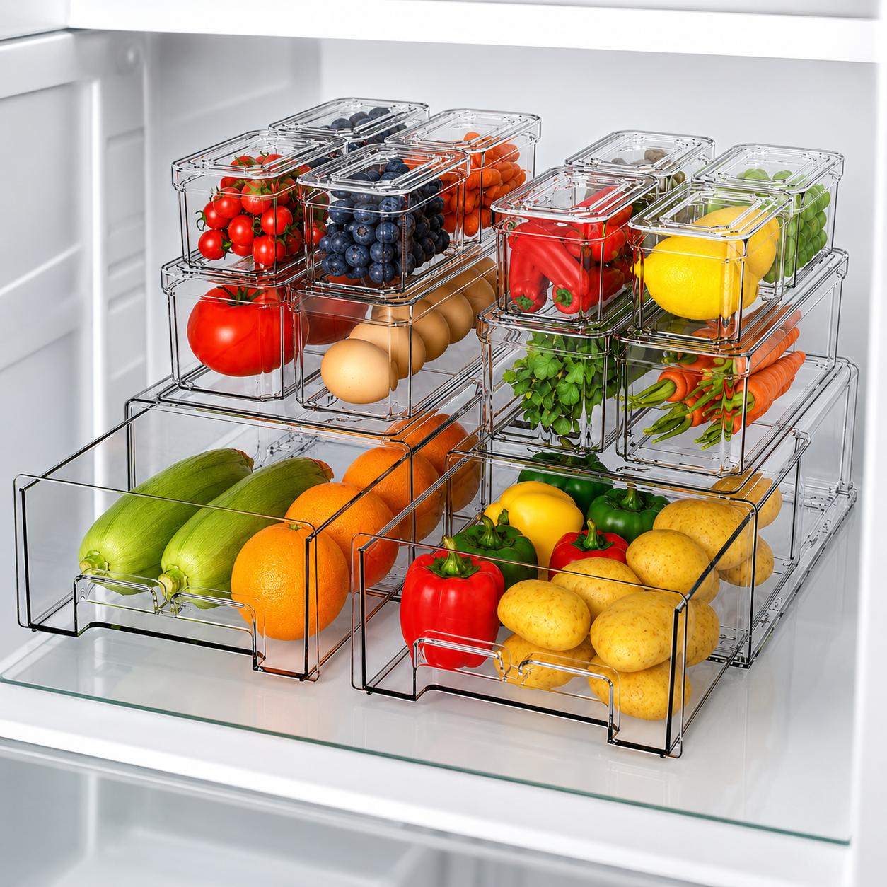 積み重ね可能な冷蔵庫オーガナイザーボックス 蓋付き 透明プル - Food Storage Without Pantry のレビューと価格