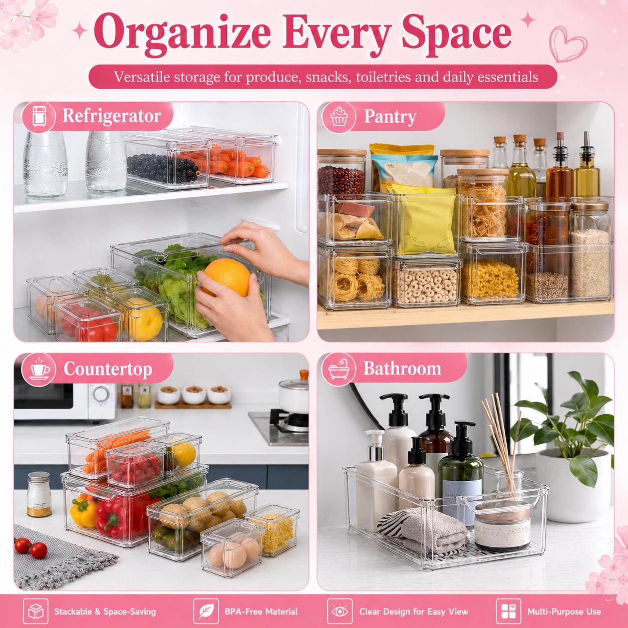 積み重ね可能な冷蔵庫オーガナイザーボックス 蓋付き 透明プル - Food Storage Without Pantry のレビューと価格