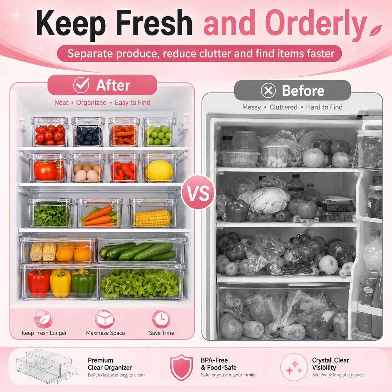 積み重ね可能な冷蔵庫オーガナイザーボックス 蓋付き 透明プル - Food Storage Without Pantry のレビューと価格