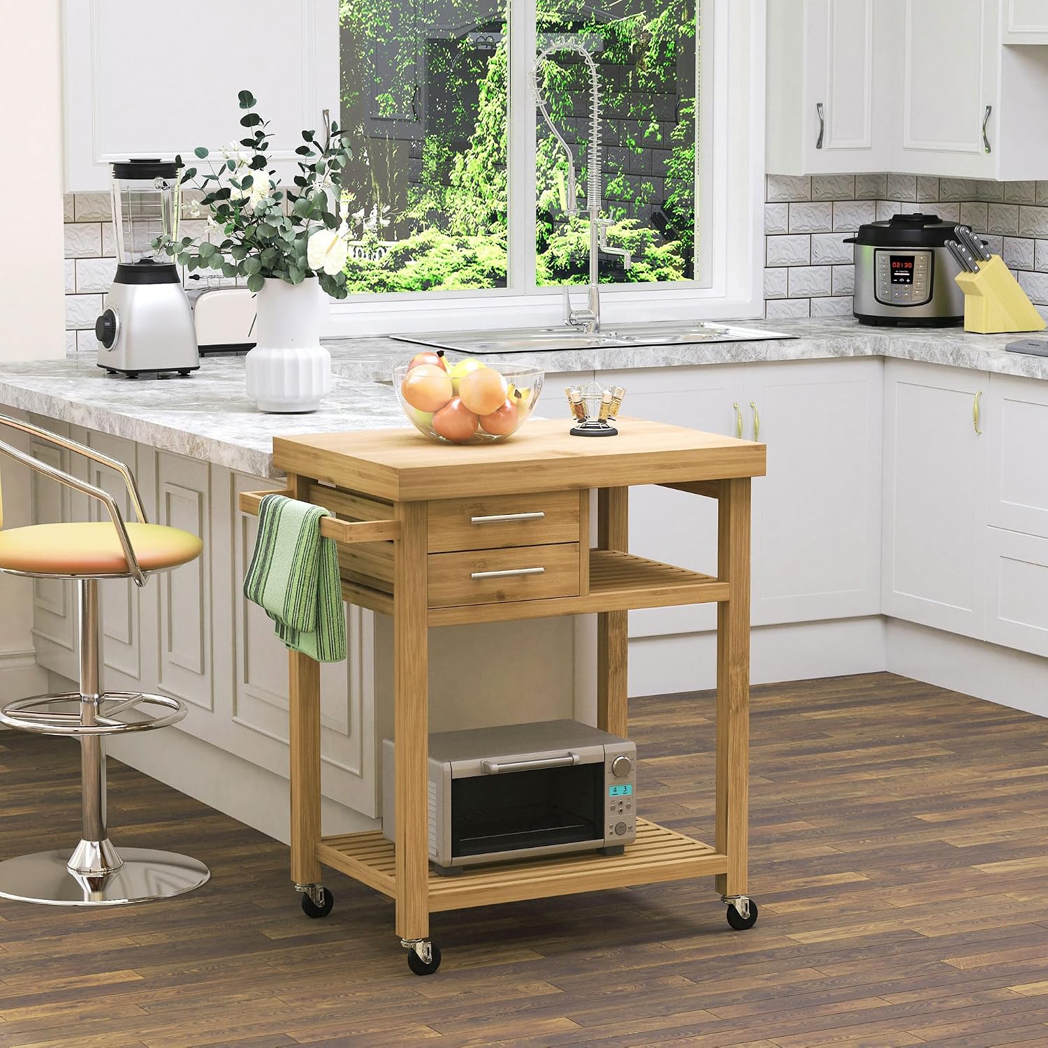 竹製キッチンカート、キャスター付き、2つの収納引き出し、オー - Food Storage On Wheels のレビューと価格