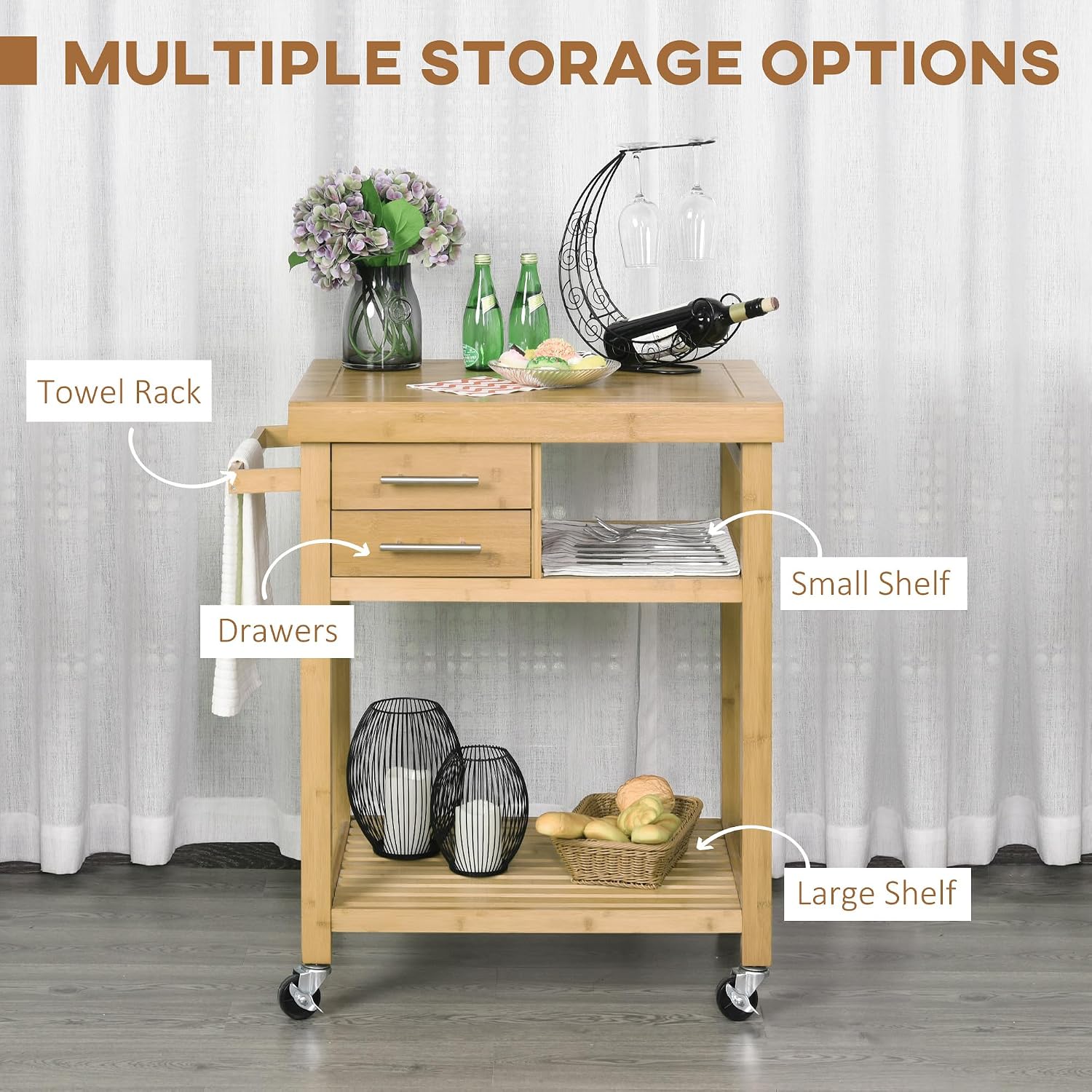 竹製キッチンカート、キャスター付き、2つの収納引き出し、オー - Food Storage On Wheels のレビューと価格