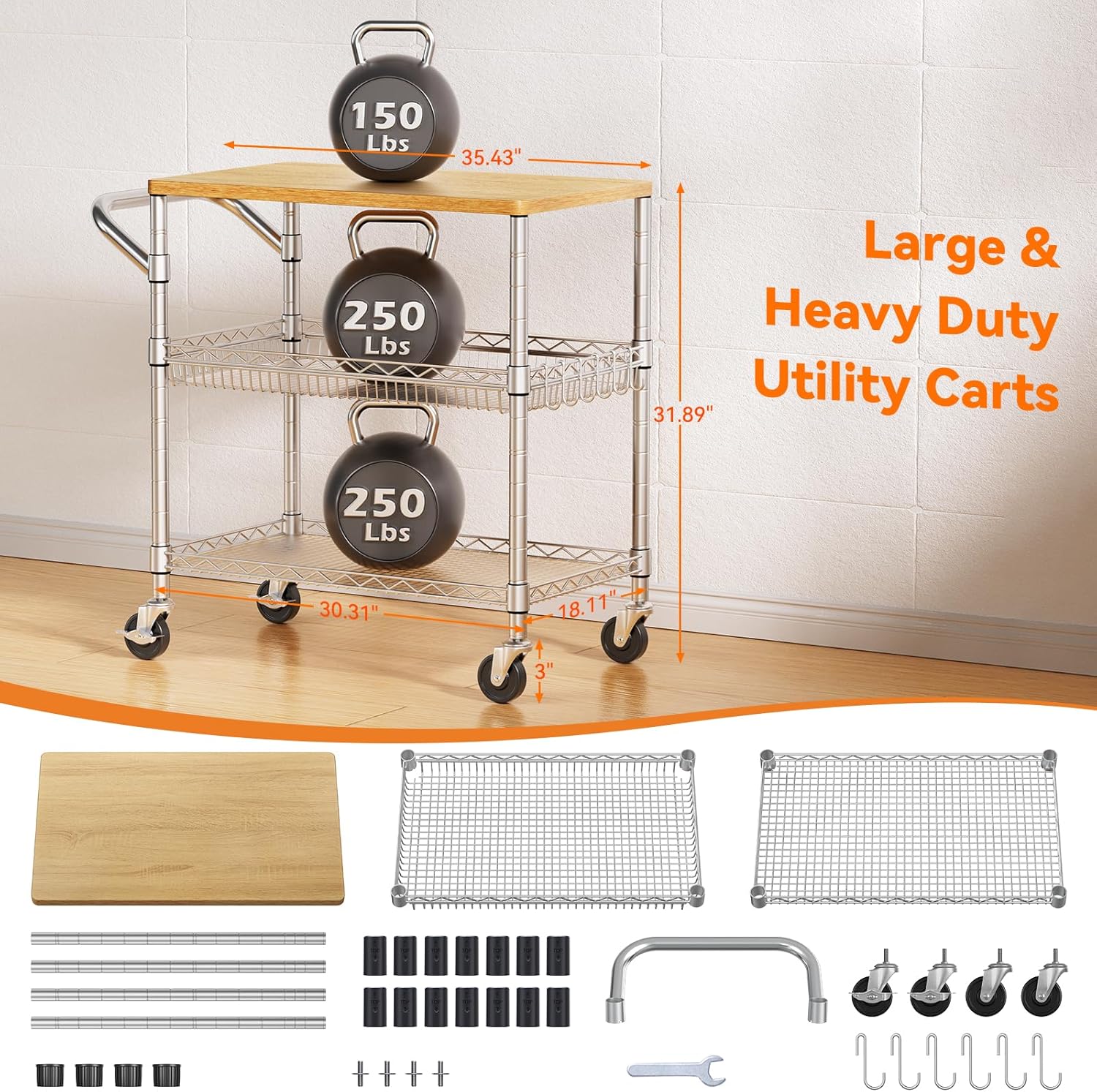 3段式ローリングキッチンカート、車輪付きユーティリティカート - Food Storage On Wheels のレビューと価格