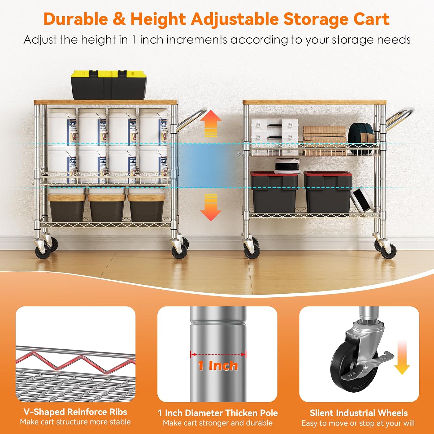 3段式ローリングキッチンカート、車輪付きユーティリティカート - Food Storage On Wheels のレビューと価格